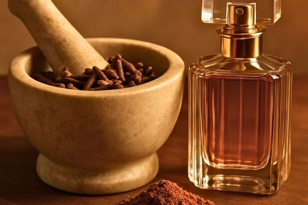 Des clous de girofle sont ecrases dans un mortier pres d un flacon de parfum.