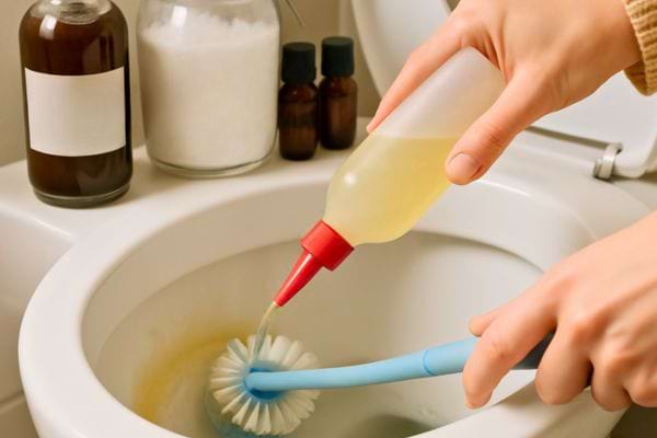 Main versant un liquide nettoyant sur une brosse pour frotter l’intérieur d’une cuvette de WC.