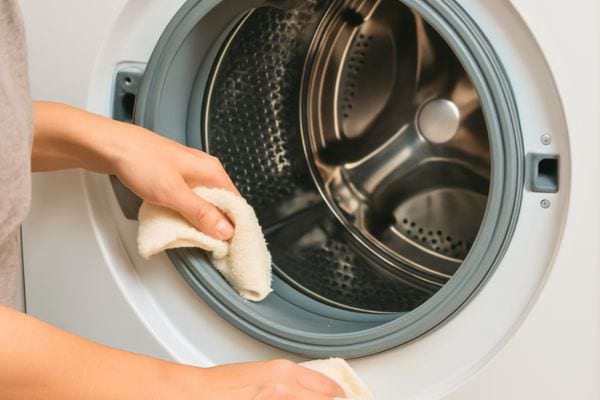Une personne nettoie le joint du tambour d’une machine avec un chiffon.