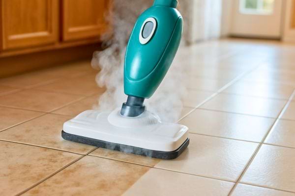 Un nettoyeur vapeur dégraisse et désinfecte un sol en carrelage.
