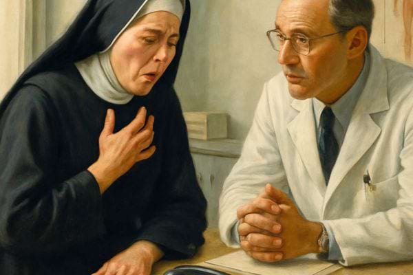 une nonne bouleverse parle avec un medecin en blouse blanche.