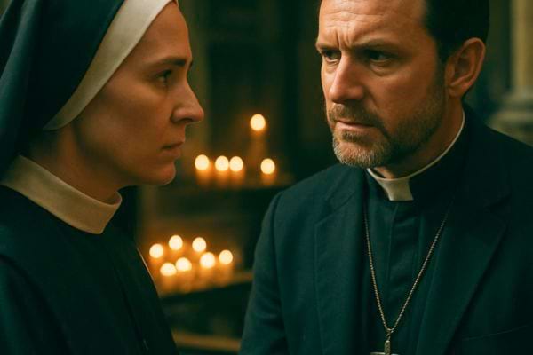 Une nonne et un pretre discutent serieusement devant des bougies allumees.