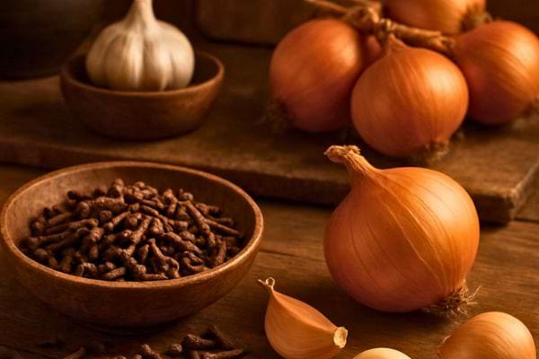 Bol de clous de girofle et oignons poses sur une table rustique.