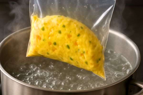 Une omelette aux legumes cuit dans un sachet plonge dans une casserole d&rsquo;eau bouillante.
