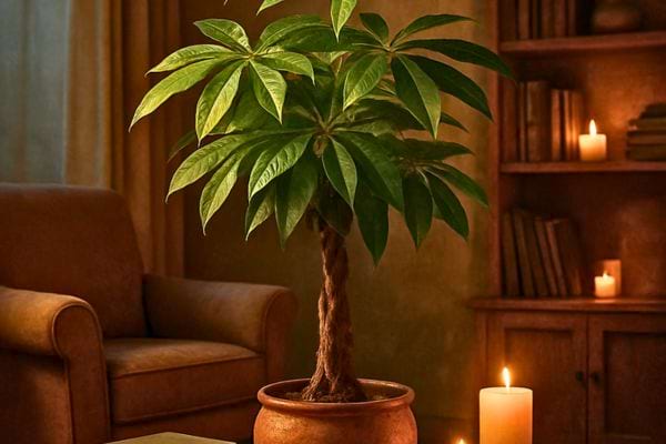 Une pachira au tronc tressé dans une ambiance chaleureuse éclairée aux bougies.