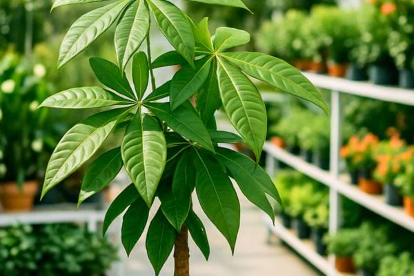 Une pachira bien verte posée dans un magasin de plantes.