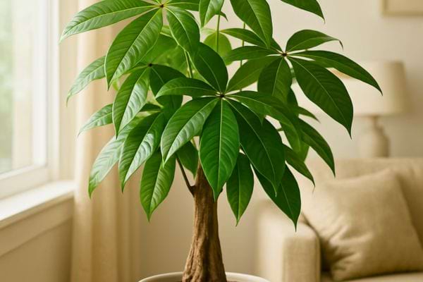 Une pachira lumineuse placée près d’une fenêtre dans un salon.