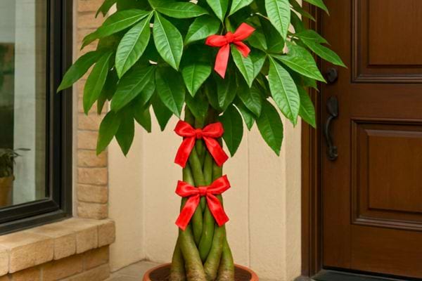 Une grande pachira au tronc tressé décorée de rubans rouges devant une entrée.