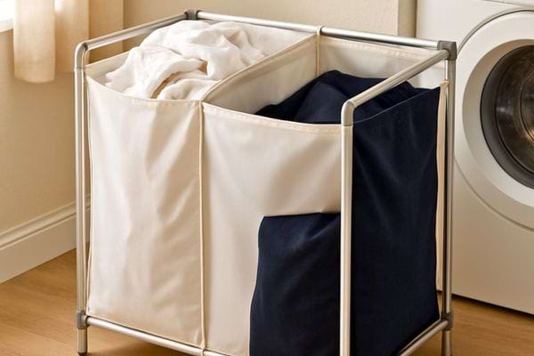 Un panier de tri s&eacute;parant le linge clair du linge fonc&eacute; avant la lessive.