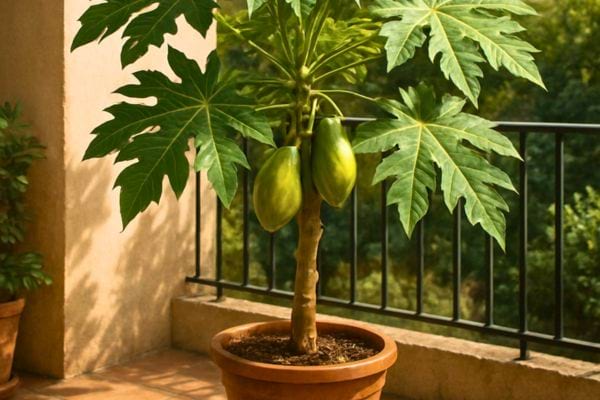 Un petit papayer en pot porte plusieurs fruits  