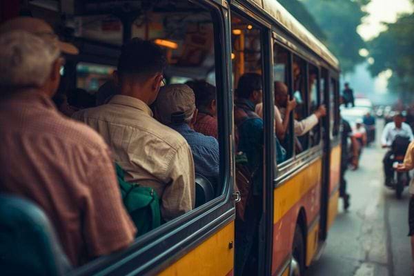 Passagers debout et assis dans un bus urbain bondé en pleine circulation.