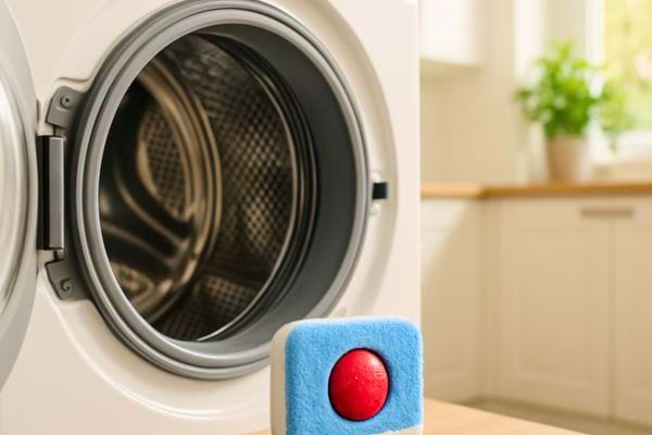 Une pastille de nettoyage est placée devant un lave-linge dans une cuisine lumineuse.