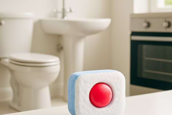 Une pastille de lave-vaisselle est posée devant des WC et un évier.