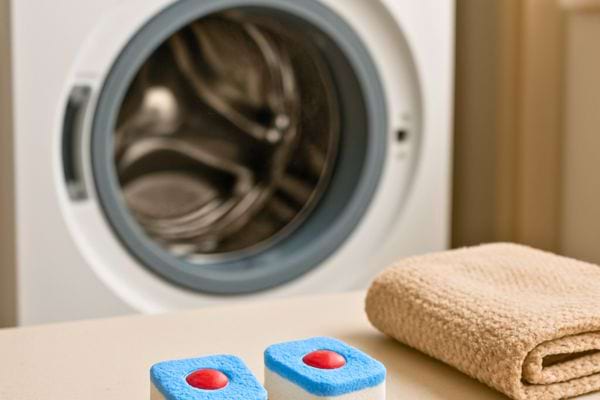 Deux pastilles ménagères sont posées devant un lave-linge ouvert.