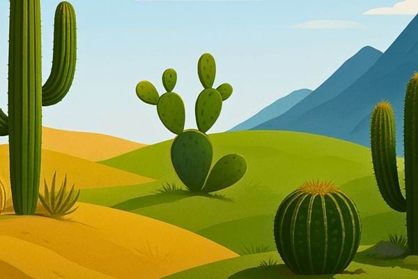 xUne scene illustree presente plusieurs cactus dans un paysage desertique.