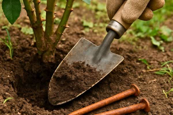 Une pelle creuse la terre pr&egrave;s d&rsquo;un rosier avec deux clous rouill&eacute;s.