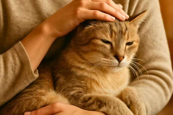 Une personne garde un chat detendu sur ses genoux tout en lui caressant la tete.