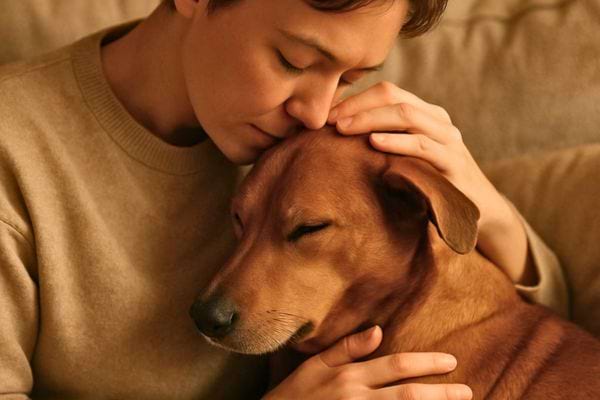 Une personne enlace un chien endormi contre sa poitrine dans une scene douce et rassurante.