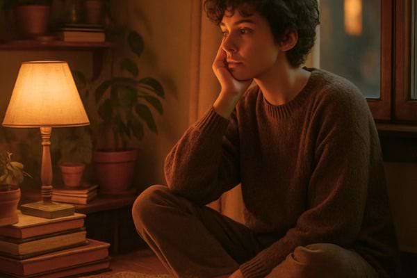 Une personne assise pres d’une lampe regarde dans le vide avec un air melancolique.