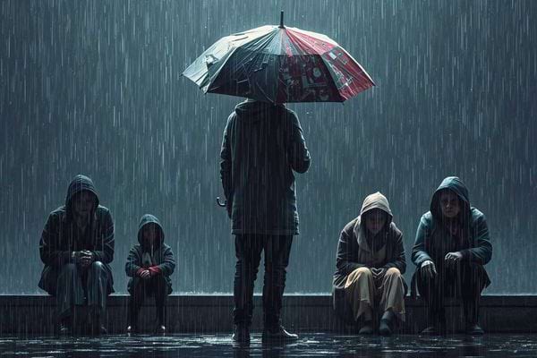 Groupe de personnes assises sous la pluie, l’une debout tenant un parapluie.