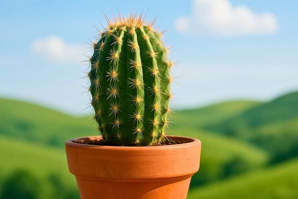 Un petit cactus rond pousse dans un pot avec un paysage vert en arriere plan.