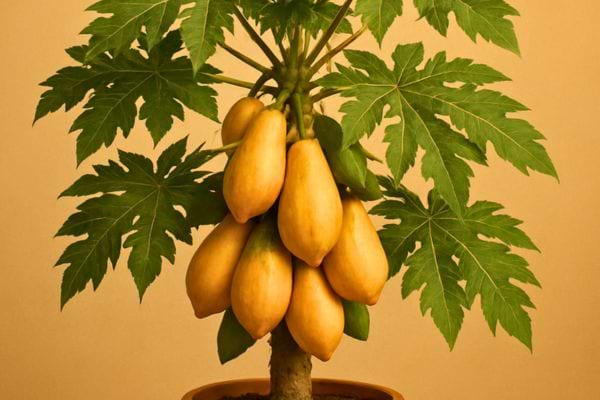 Un petit papayer en pot porte plusieurs fruits jaunes bien murs sous de grandes feuilles.