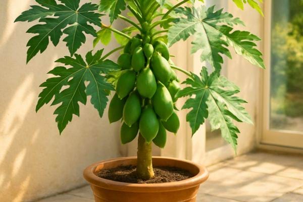 Un jeune papayer en pot montre un bouquet de fruits encore verts sous une lumiere douce.