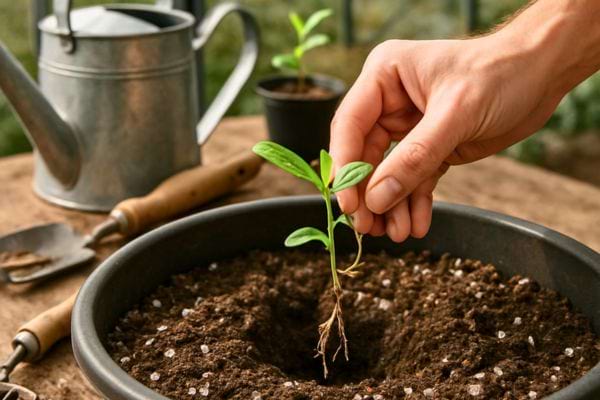 Une main place un jeune plant dans un pot rempli de terre humide et prepare pour la culture.