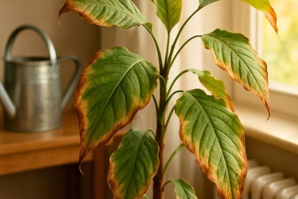 Une plante araignee montre des feuilles brunies et sechees signe d’un arrosage ou d’une lumiere inadequats.