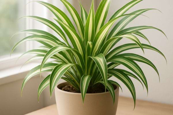 Une plante araignee en pot beige presente un feuillage vert et vigoureux.