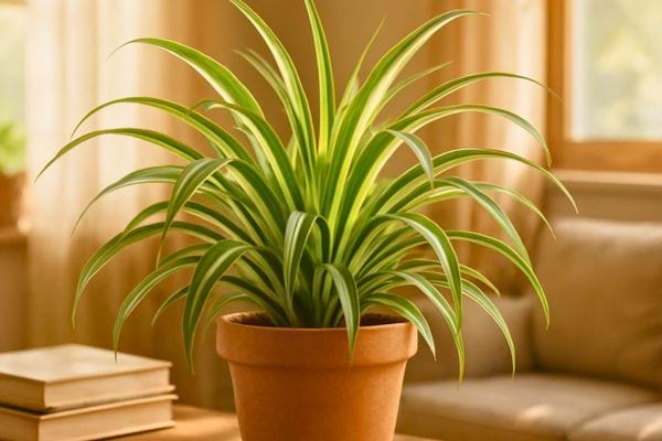 Une plante araignee en pot terracotta pousse harmonieusement dans un interieur lumineux.