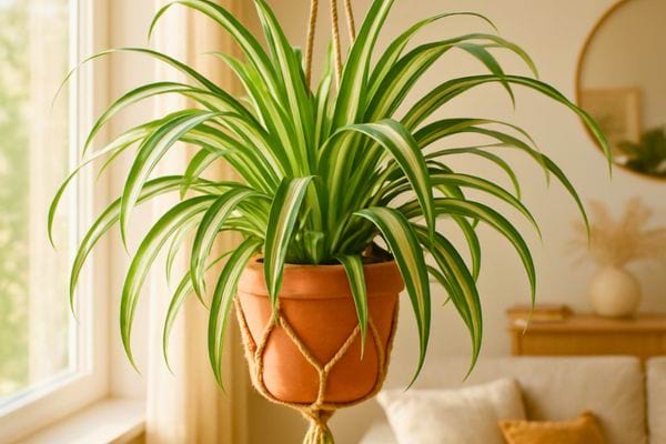 Une plante araignee suspendue pousse bien pres d’une fenetre lumineuse dans un salon chaleureux.