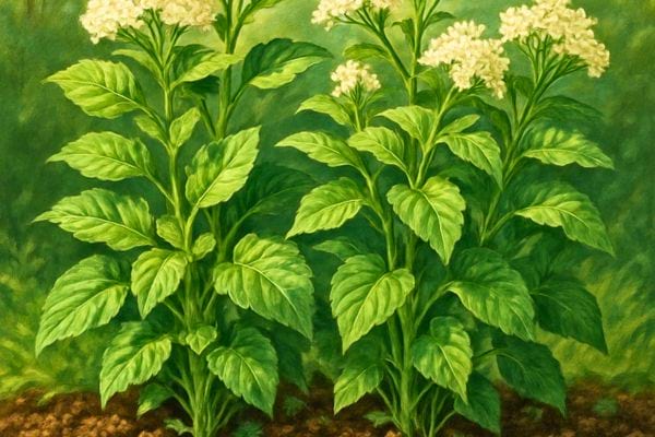 Deux grandes plantes a fleurs blanches poussent dans un sol riche et humide.