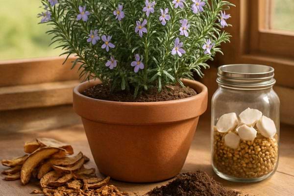 Une plante fleurie en pot est posee avec des epluchures, du terreau et un bocal d ingredients.