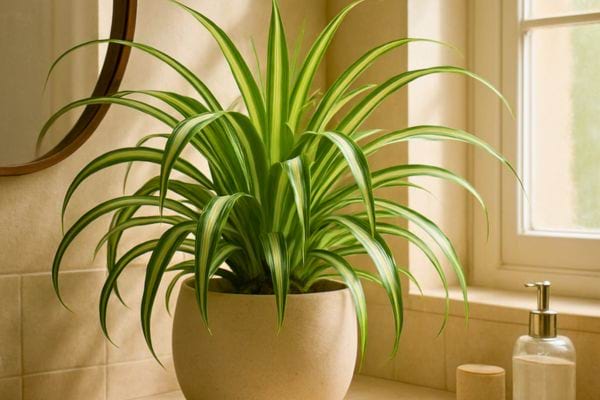   Une plante verte en pot est posée près d’une fenêtre dans une salle de bain claire.