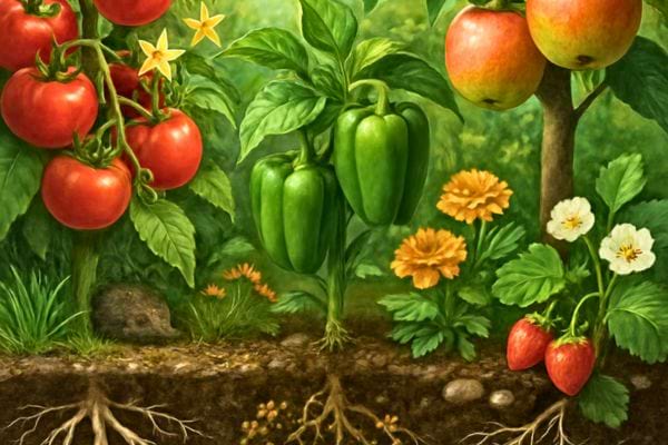 Une scene montre tomates, poivrons, pommes et fraises poussant harmonieusement avec des fleurs.