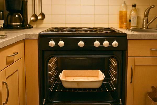 Un plat en céramique repose au centre d’un four dans une cuisine lumineuse.