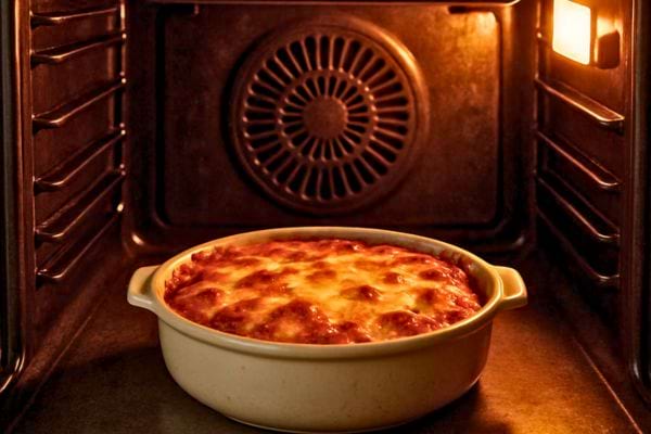 Un gratin doré chauffe dans un four allumé.