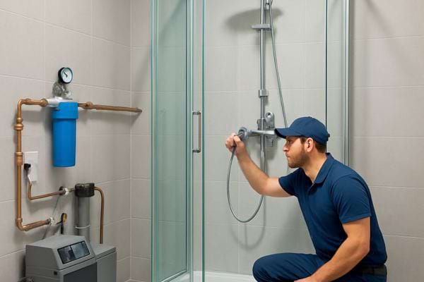 Un plombier verifie une installation de douche dans une salle de bain moderne.