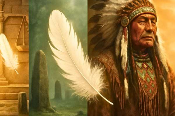 Une plume blanche apparait entre des scenes anciennes et un chef amerindien solennel.