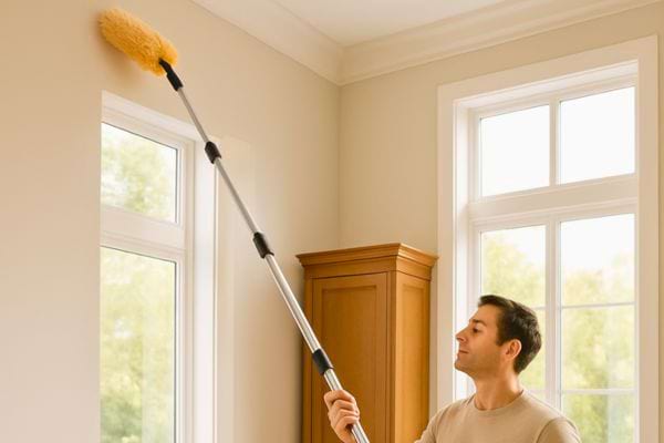 Un homme depoussiere le haut d’un mur avec un plumeau a manche extensible.