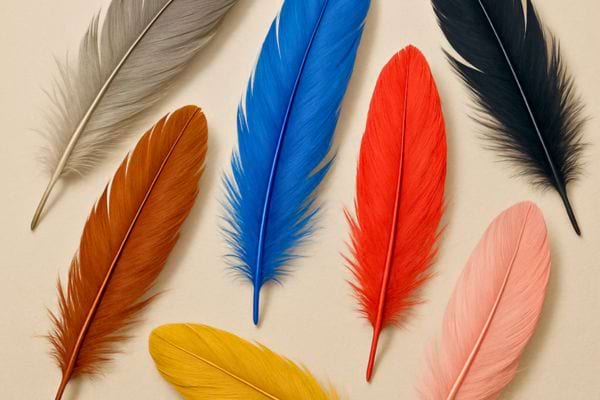 Un ensemble de plumes colorees est aligne sur une surface beige.