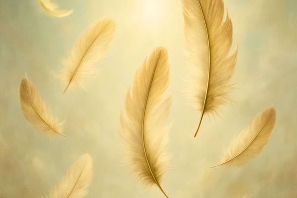 Plusieurs plumes dorees tombent lentement dans une atmosphere lumineuse et douce.
