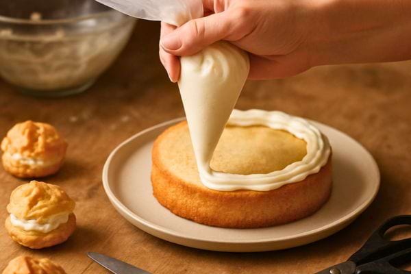 Une poche improvisee recouvre un petit gateau d&rsquo;une creme blanche maison.