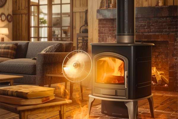 Poêle à bois allumé diffusant la chaleur dans un salon au décor rustique.