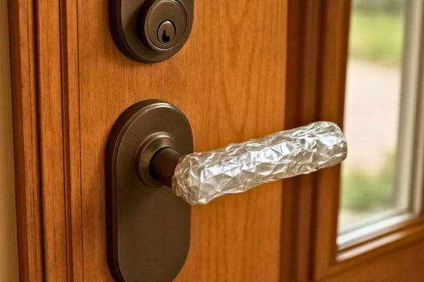 Une poignee de porte est recouverte de papier aluminium pour une protection improvisée.