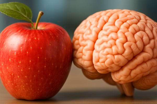 Une pomme rouge est placée juste à côté d’un modèle de cerveau.