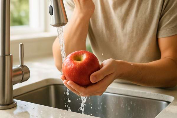 Une personne rince une pomme rouge sous l’eau du robinet.