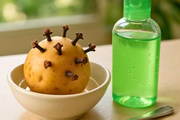 Une pomme de terre piquee de clous de girofle est placee dans un bol a cote d’un flacon vert.