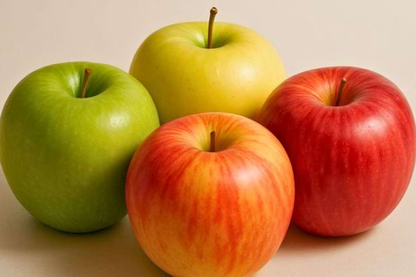 Quatre pommes de couleurs différentes posées ensemble.